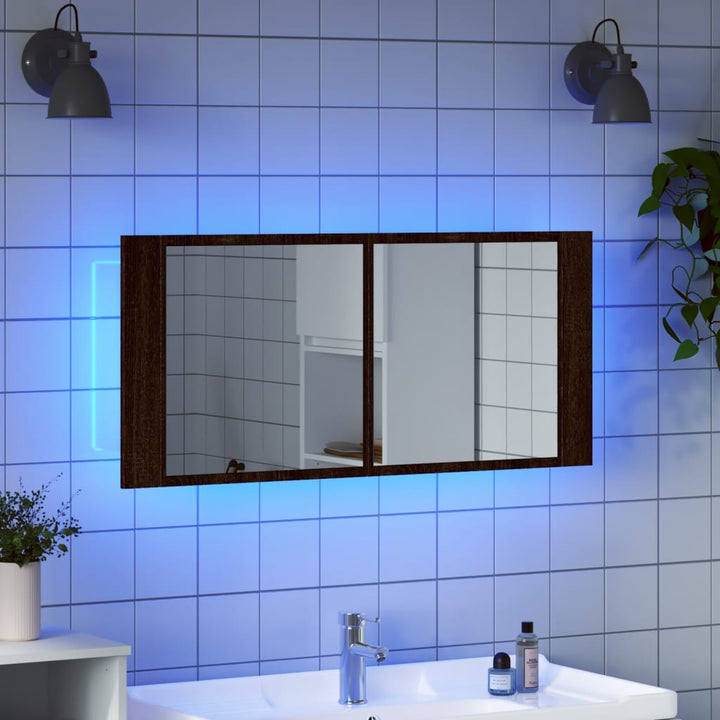 badeværelsesskab m. spejl og LED-lys 100x12x45 cm brun eg