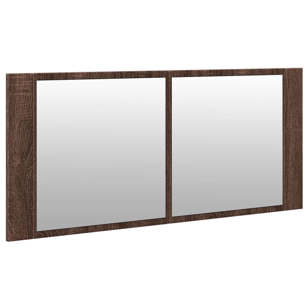 badeværelsesskab m. spejl og LED-lys 100x12x45 cm brun eg
