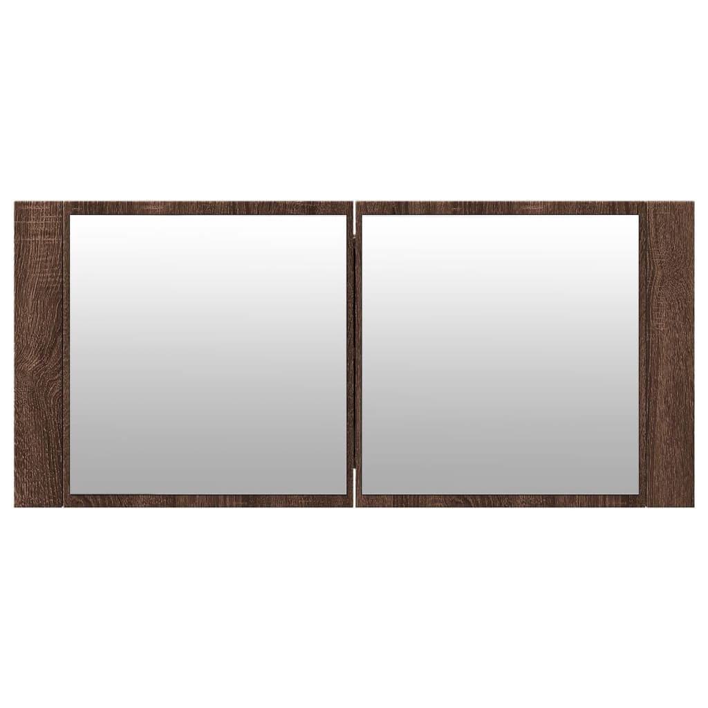 badeværelsesskab m. spejl og LED-lys 100x12x45 cm brun eg