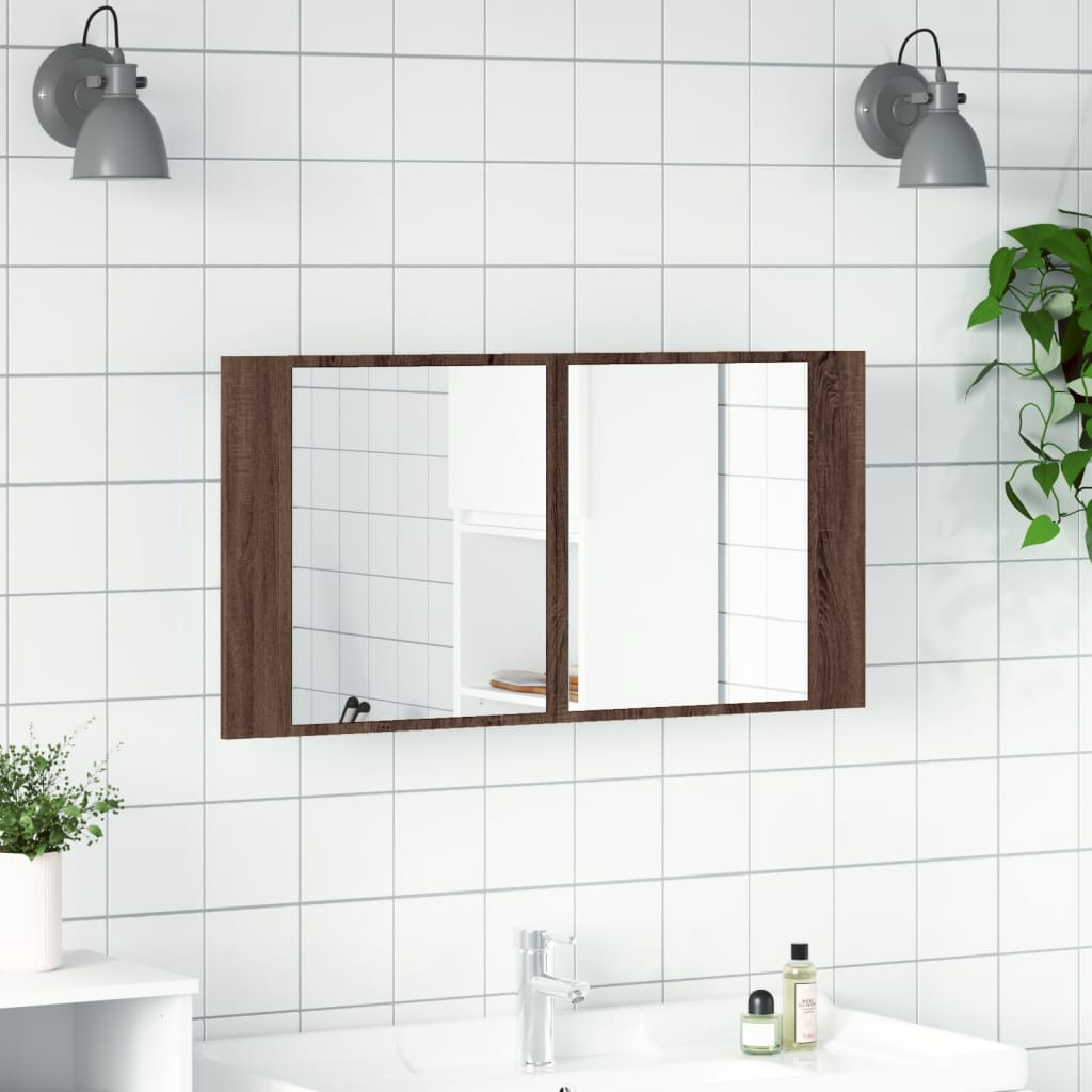badeværelsesskab m. spejl og LED-lys 90x12x45cm akryl brunt eg