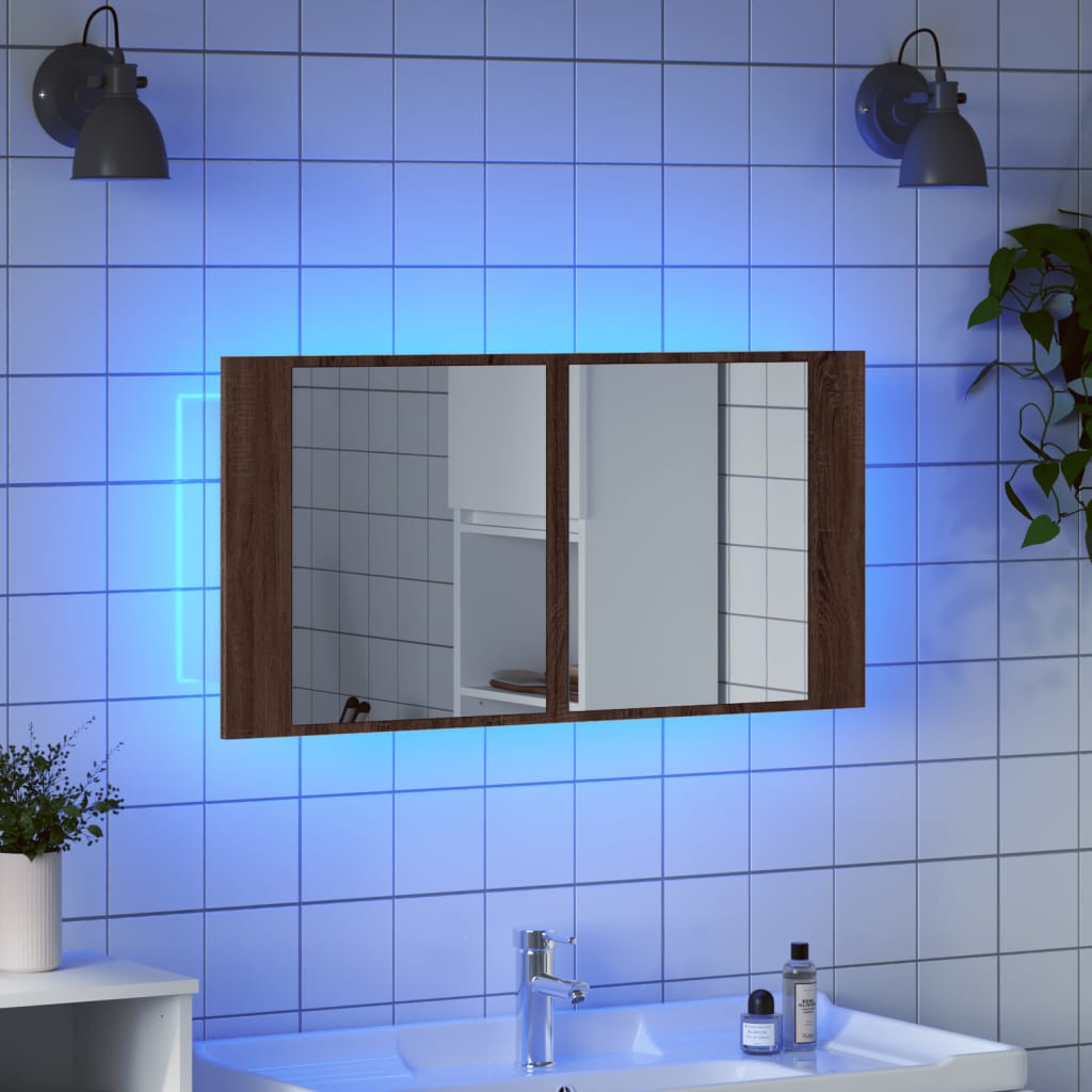 badeværelsesskab m. spejl og LED-lys 90x12x45cm akryl brunt eg