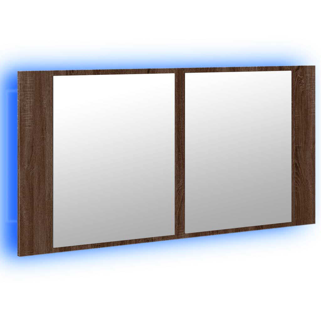 badeværelsesskab m. spejl og LED-lys 90x12x45cm akryl brunt eg