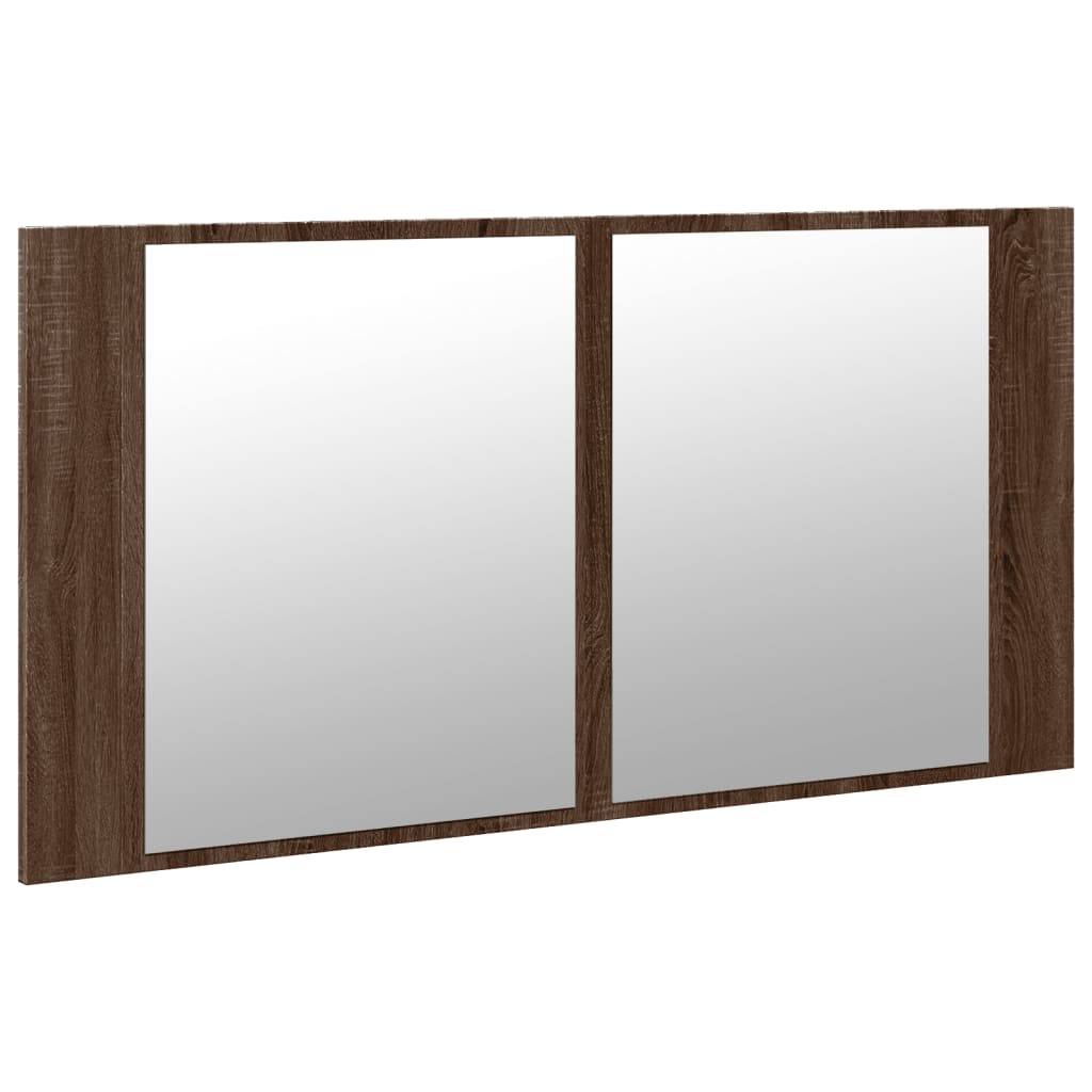 badeværelsesskab m. spejl og LED-lys 90x12x45cm akryl brunt eg
