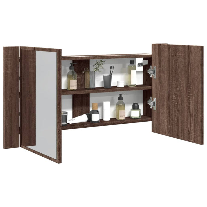badeværelsesskab m. spejl og LED-lys 90x12x45cm akryl brunt eg