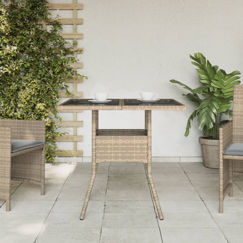 havebord med glastop 80x80x75 cm polyrattan beige