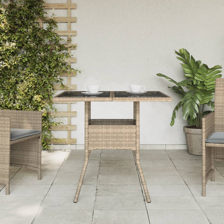 havebord med glastop 80x80x75 cm polyrattan beige