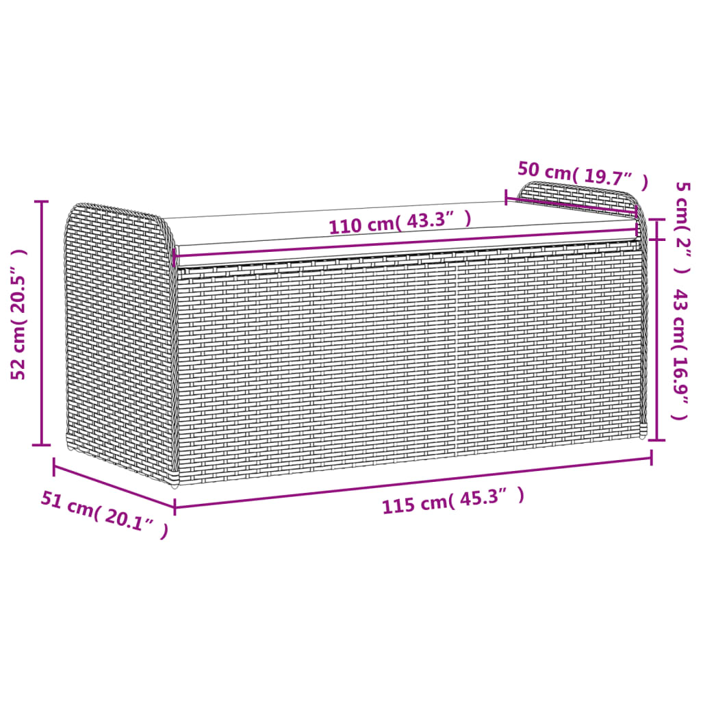 opbevaringsbænk med hynde 115x51x52 cm polyrattan sort