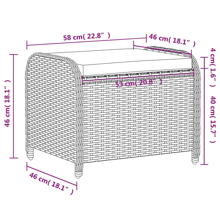 haveskammel med hynde 58x46x46 cm polyrattan grå