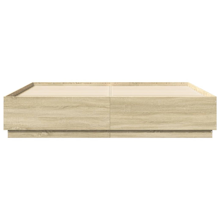 sengeramme med LED-lys 200x200 cm konstrueret træ sonoma-eg