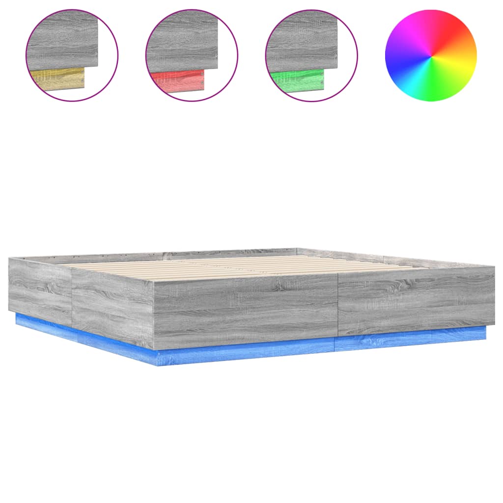 sengeramme med LED-lys 180x200 cm konstrueret træ grå sonoma-eg