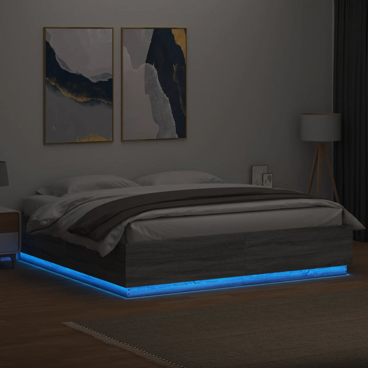 sengeramme med LED-lys 180x200 cm konstrueret træ grå sonoma-eg
