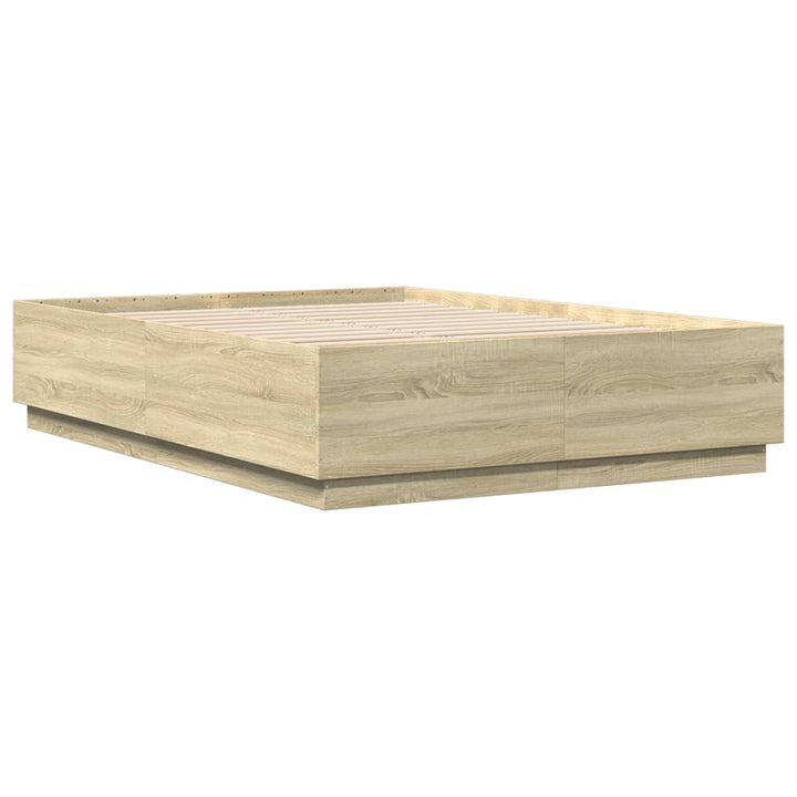 sengeramme med LED-lys 160x200 cm konstrueret træ sonoma-eg