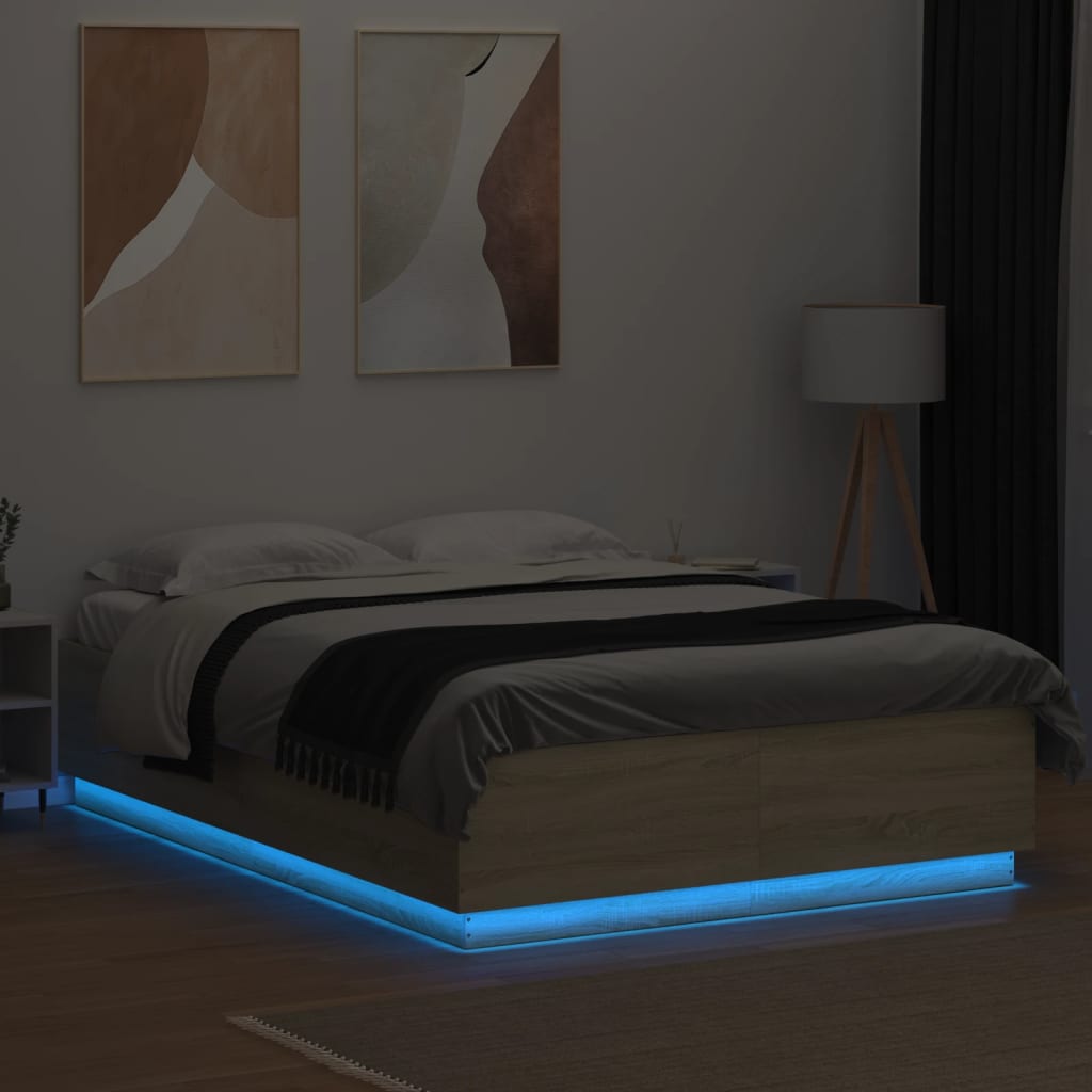 sengeramme med LED-lys 150x200 cm konstrueret træ sonoma-eg