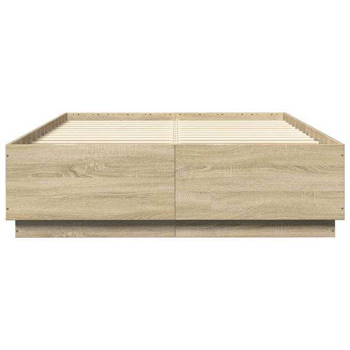sengeramme med LED-lys 150x200 cm konstrueret træ sonoma-eg