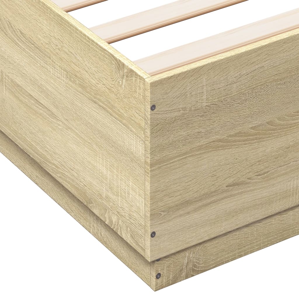 sengeramme med LED-lys 150x200 cm konstrueret træ sonoma-eg