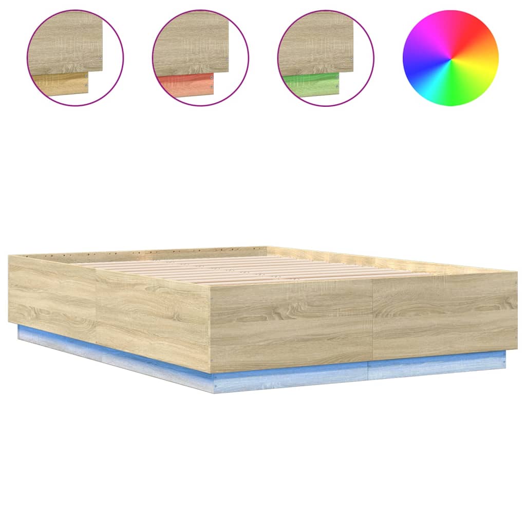 sengeramme med LED-lys 140x200 cm konstrueret træ sonoma-eg