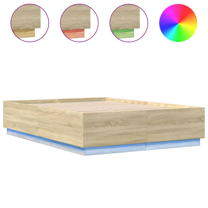sengeramme med LED-lys 120x200 cm konstrueret træ sonoma-eg
