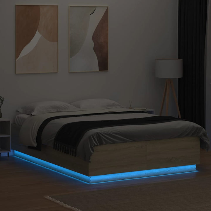 sengeramme med LED-lys 120x200 cm konstrueret træ sonoma-eg