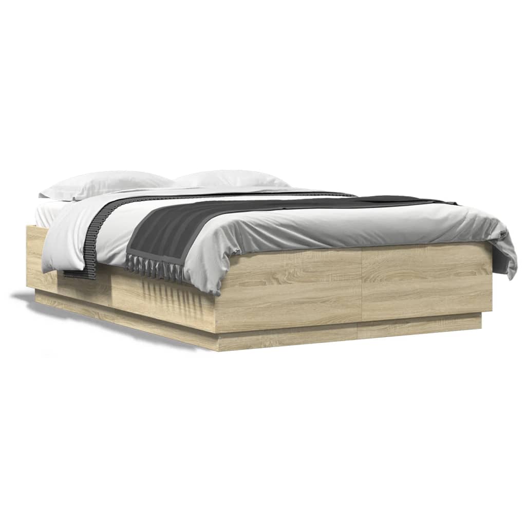 sengeramme med LED-lys 120x200 cm konstrueret træ sonoma-eg