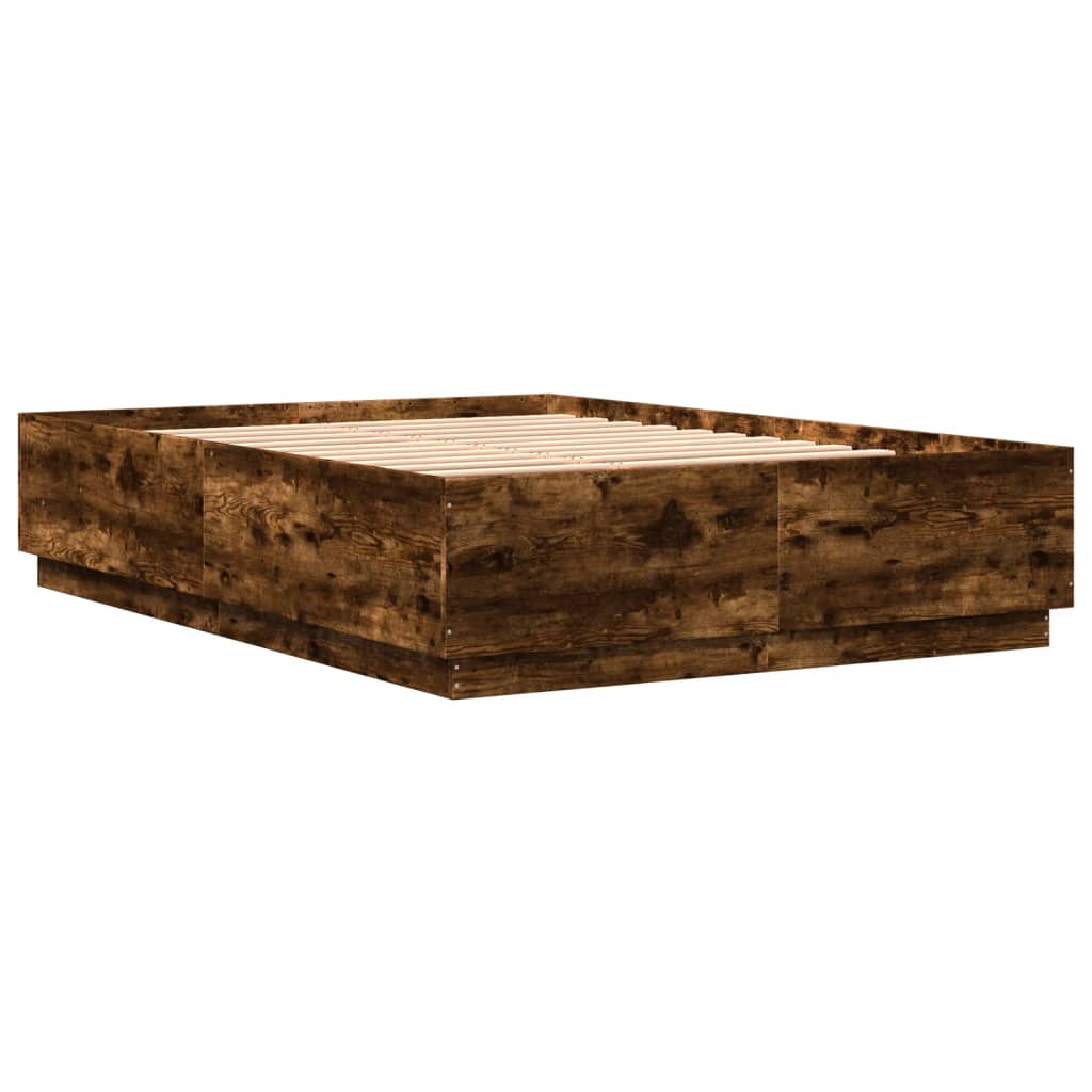 sengeramme med LED-lys 120x200 cm konstrueret træ røget eg