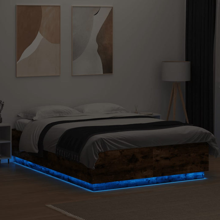 sengeramme med LED-lys 120x200 cm konstrueret træ røget eg