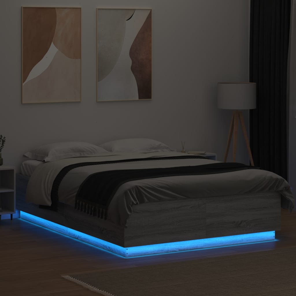 sengeramme med LED-lys 120x200 cm konstrueret træ grå sonoma-eg