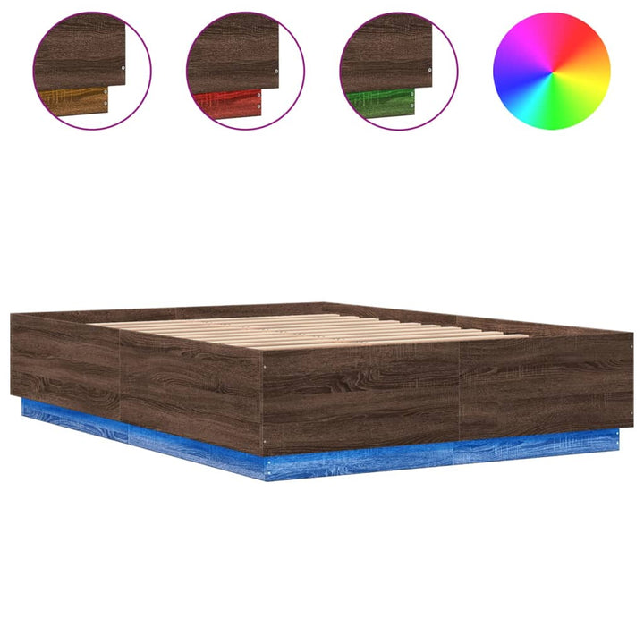 sengeramme med LED-lys 120x200 cm konstrueret træ brunt egetræ