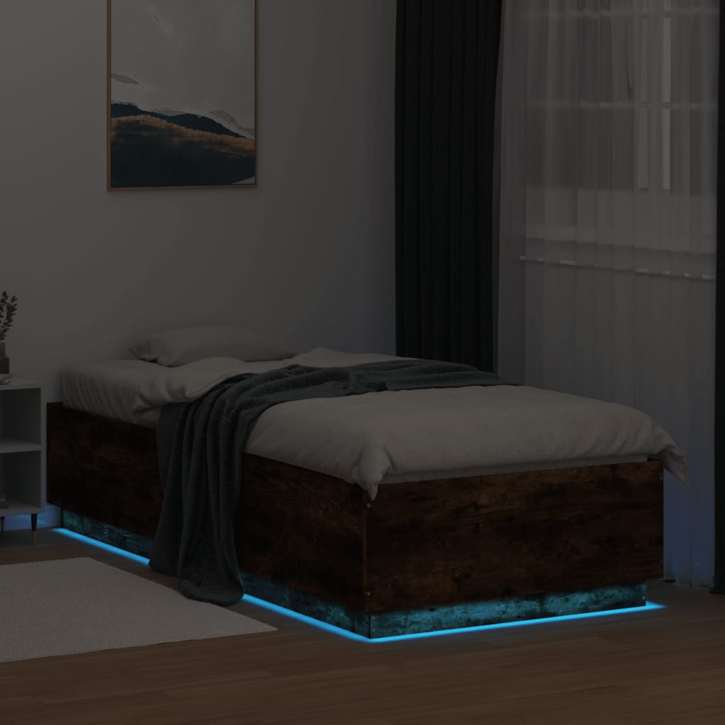 sengeramme med LED-lys 100x200 cm røget egetræsfarve