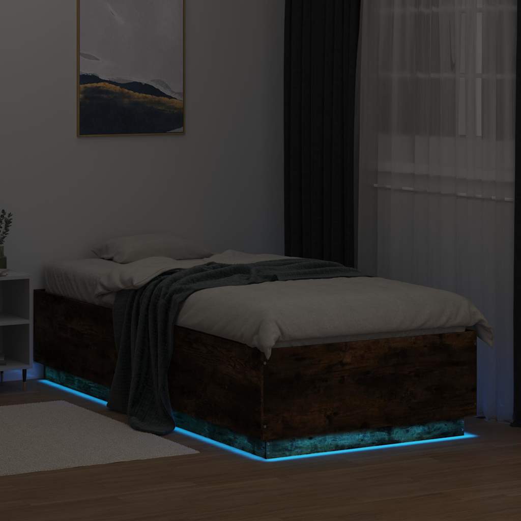 sengeramme med LED-lys 100x200 cm røget egetræsfarve