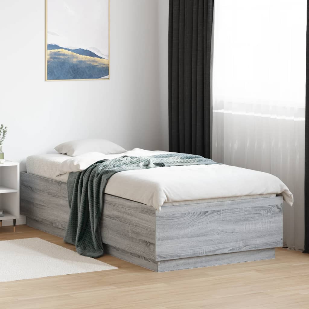 sengeramme med LED-lys 100x200 cm konstrueret træ grå sonoma-eg