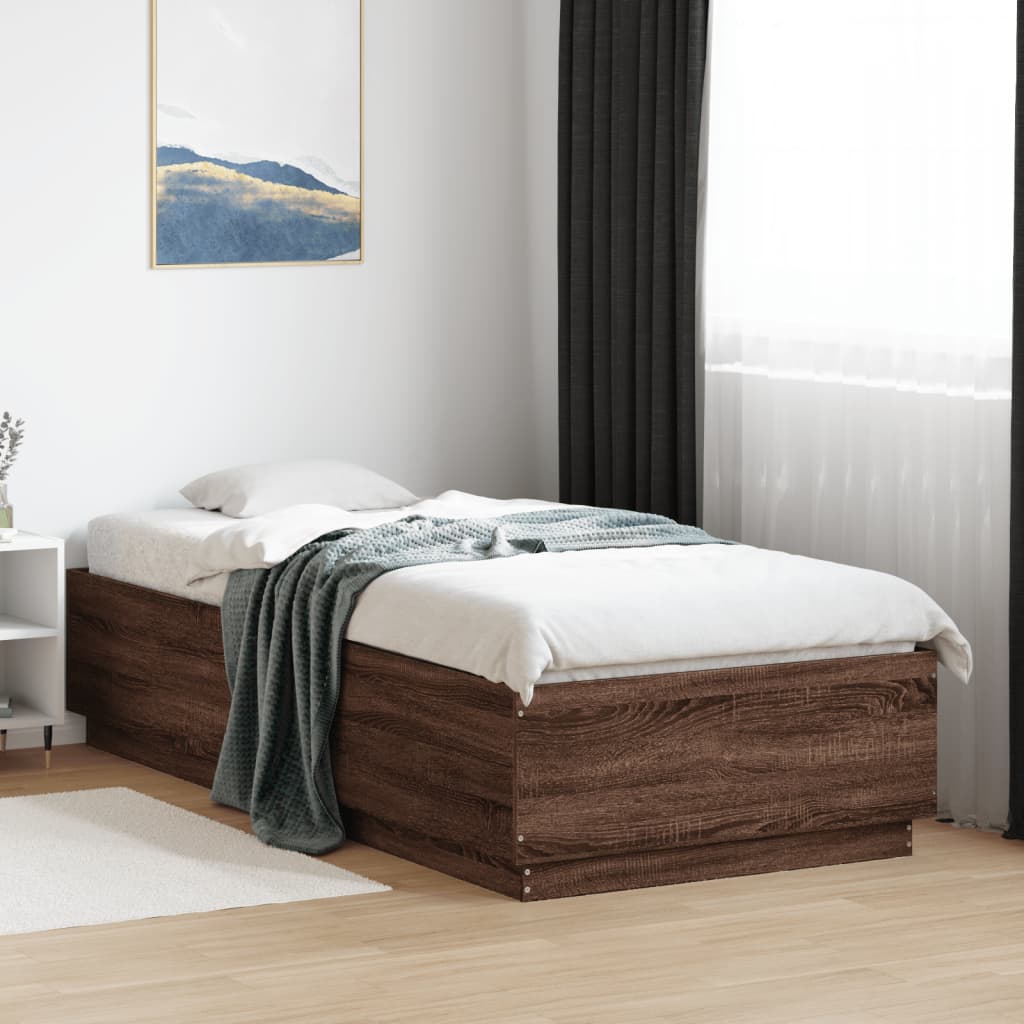 sengeramme med LED-lys 100x200 cm brun egetræsfarve