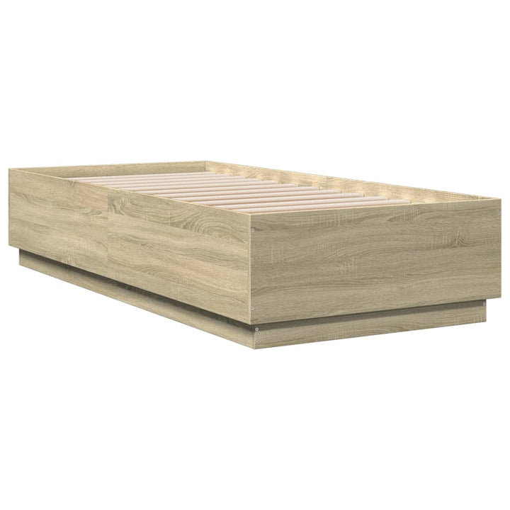 sengeramme med LED-lys 90x200 cm konstrueret træ sonoma-eg