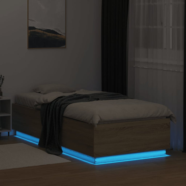 sengeramme med LED-lys 90x200 cm konstrueret træ sonoma-eg