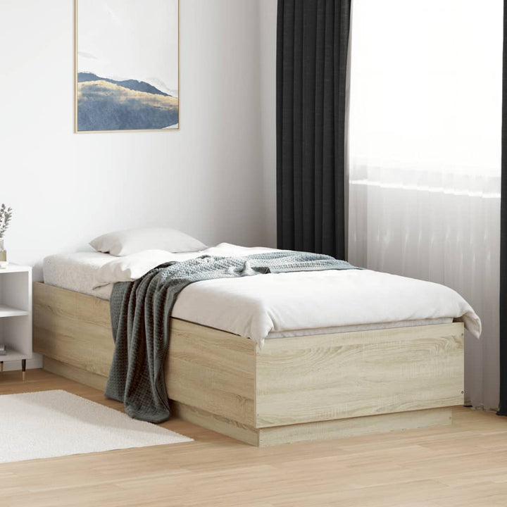 sengeramme med LED-lys 90x200 cm konstrueret træ sonoma-eg