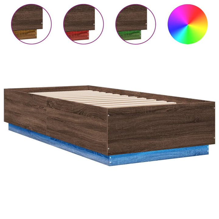 sengeramme med LED-lys 90x200 cm konstrueret træ brun egetræ