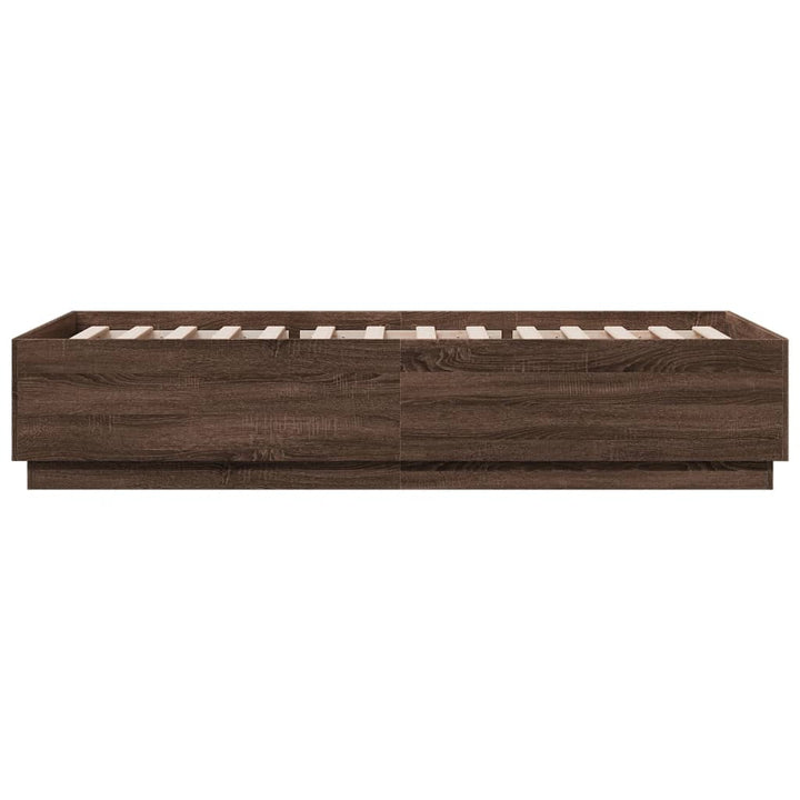 sengeramme med LED-lys 90x200 cm konstrueret træ brun egetræ