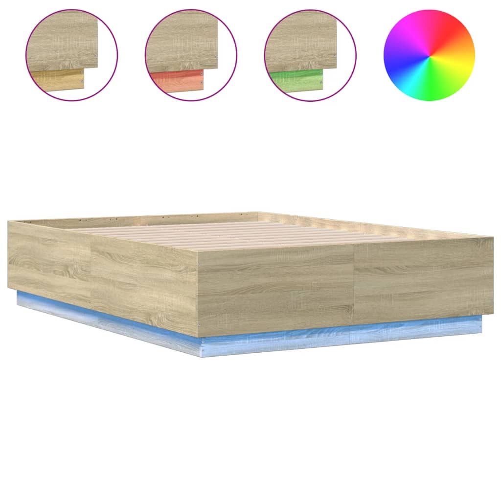 sengeramme med LED-lys 140x190 cm konstrueret træ sonoma-eg