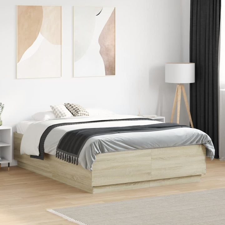 sengeramme med LED-lys 140x190 cm konstrueret træ sonoma-eg
