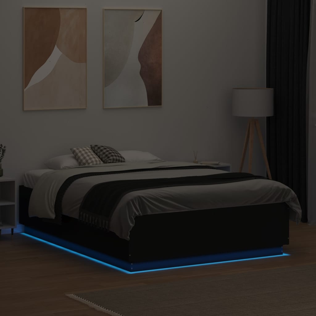sengeramme med LED-lys 120x190 cm konstrueret træ sort