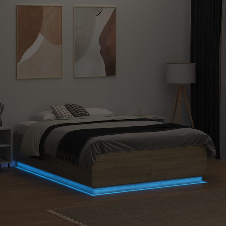 sengeramme med LED-lys 120x190 cm konstrueret træ sonoma-eg