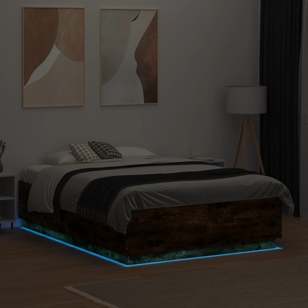 sengeramme med LED-lys 120x190 cm konstrueret træ røget eg
