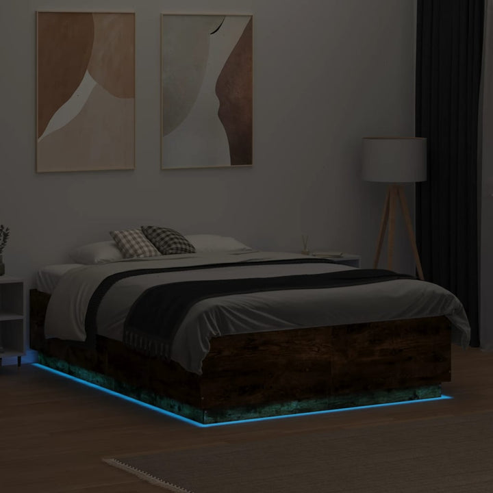 sengeramme med LED-lys 120x190 cm konstrueret træ røget eg
