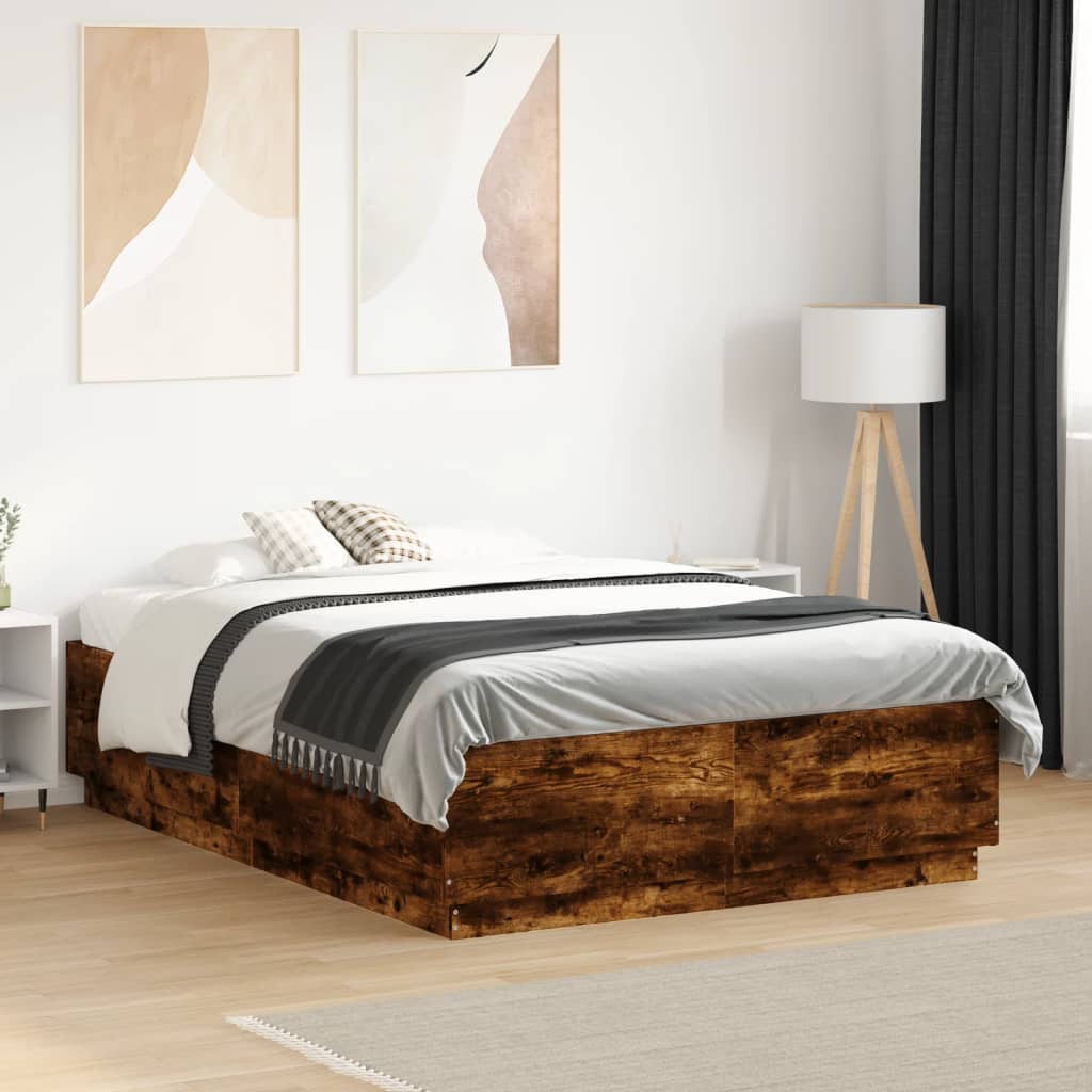 sengeramme med LED-lys 120x190 cm konstrueret træ røget eg
