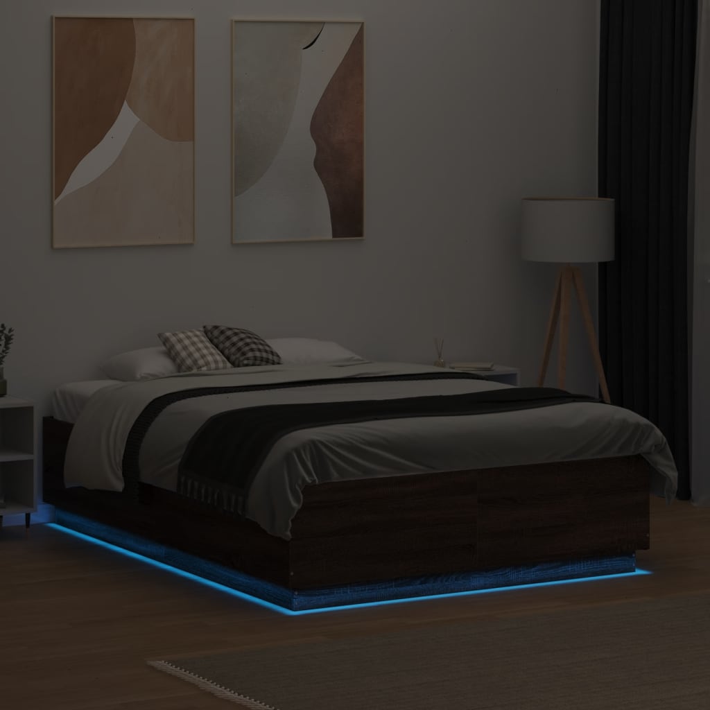 sengeramme med LED-lys 120x190 cm konstrueret træ brunt egetræ