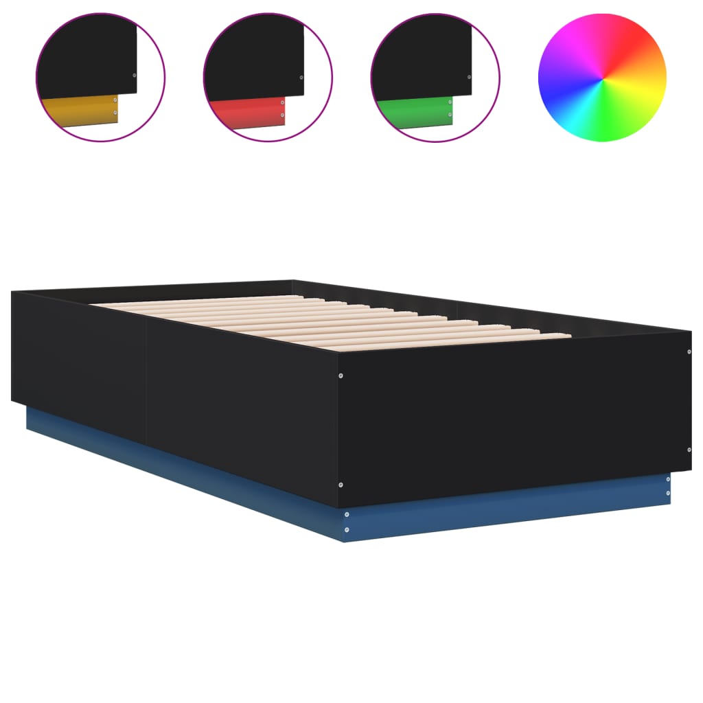 sengeramme med LED-lys 90x190 cm konstrueret træ sort