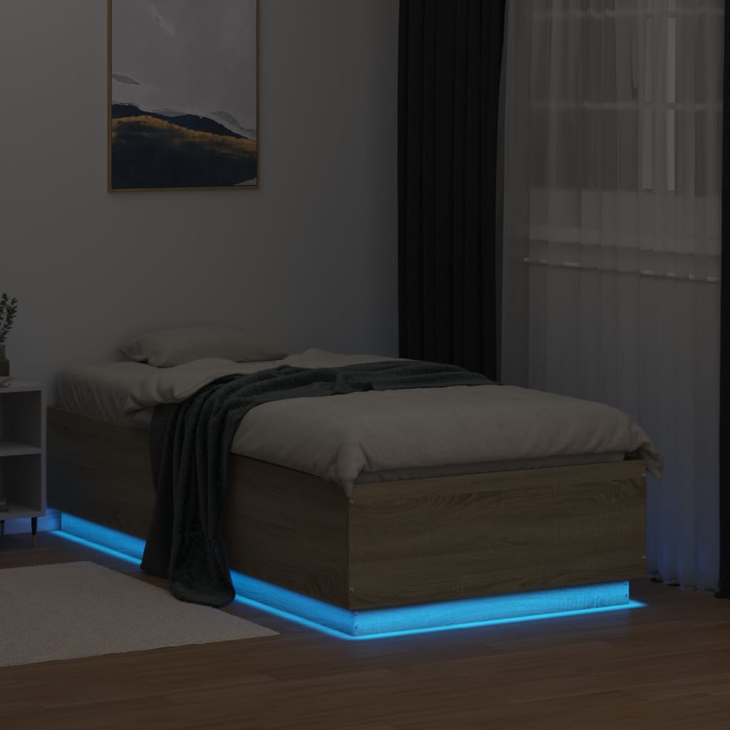 sengeramme med LED-lys 90x190 cm konstrueret træ sonoma-eg