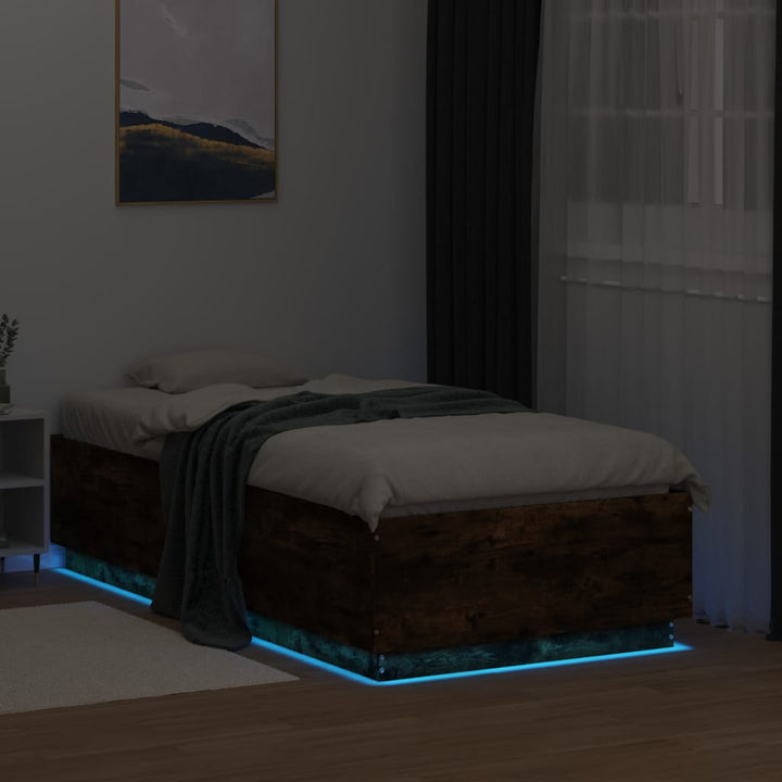 sengeramme LED-lys 90x190 cm konstrueret træ røget egetræsfarve