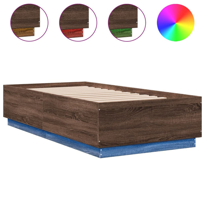sengeramme med LED-lys 90x190 cm konstrueret træ brun egetræ