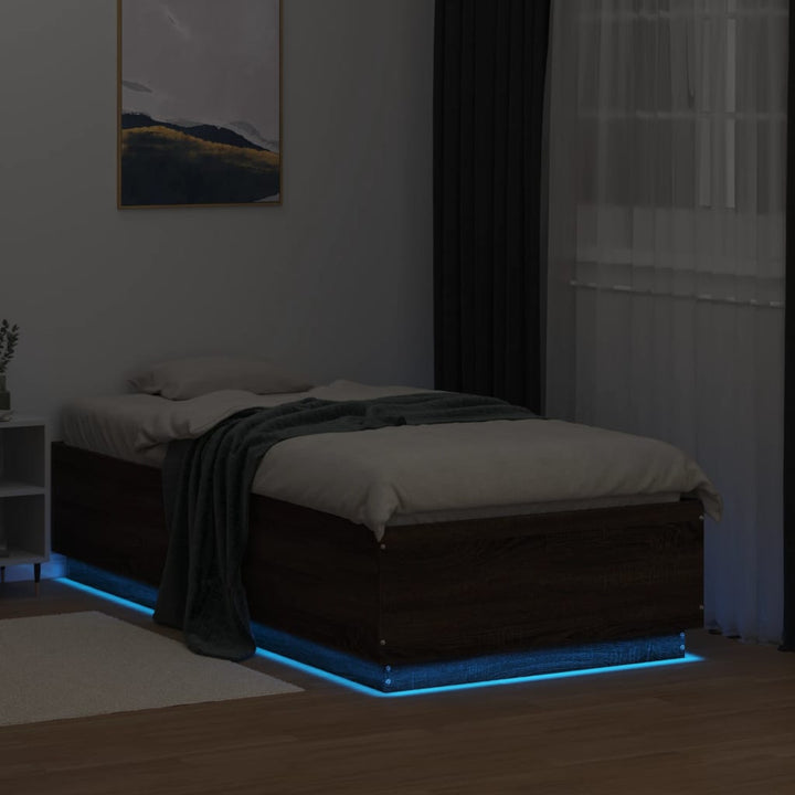 sengeramme med LED-lys 90x190 cm konstrueret træ brun egetræ