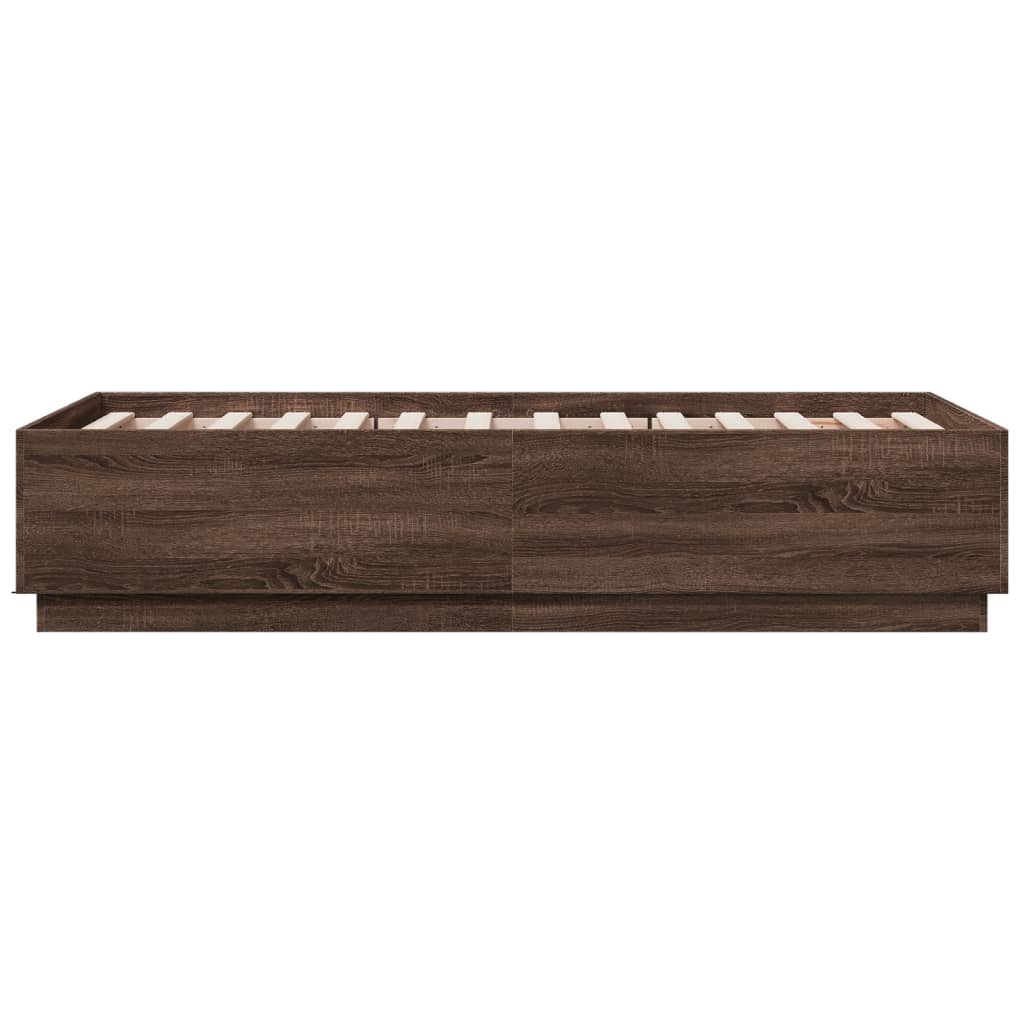 sengeramme med LED-lys 90x190 cm konstrueret træ brun egetræ